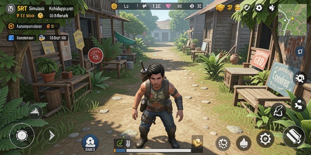 Screenshot menampilkan gameplay 5RT dengan interaksi karakter dan desain rumah.