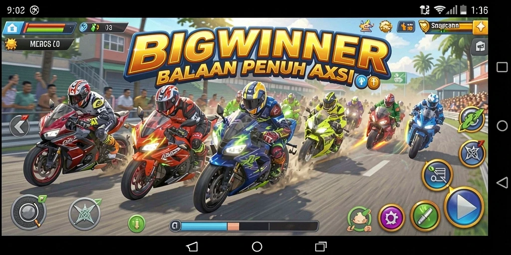 Screenshot BIGWINNER menampilkan aksi balapan motor yang mendebarkan.