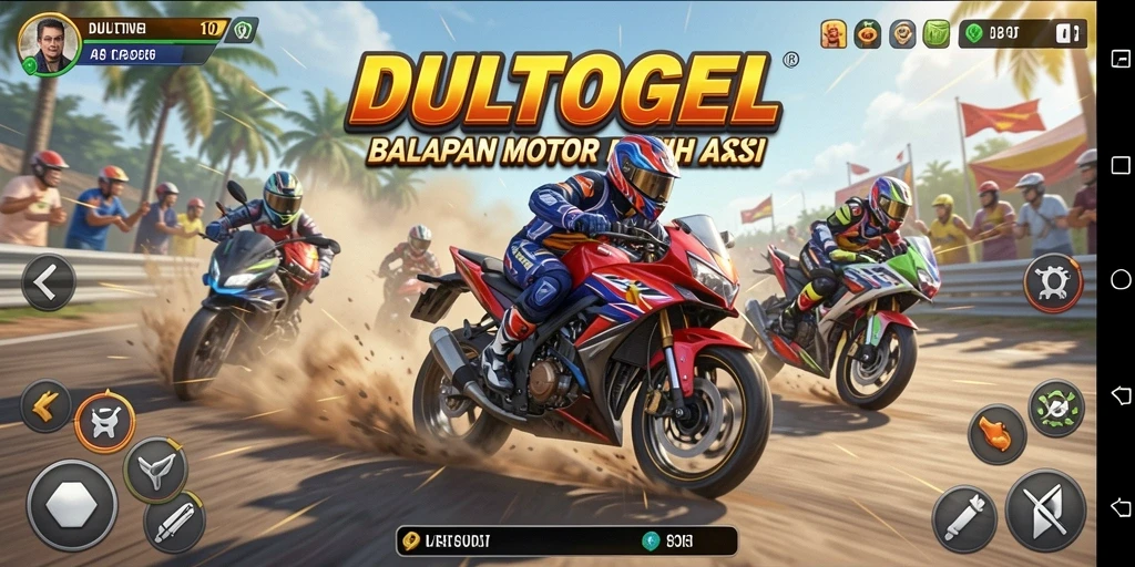 Tampilan gameplay DULTOGEL saat balapan motor cepat.