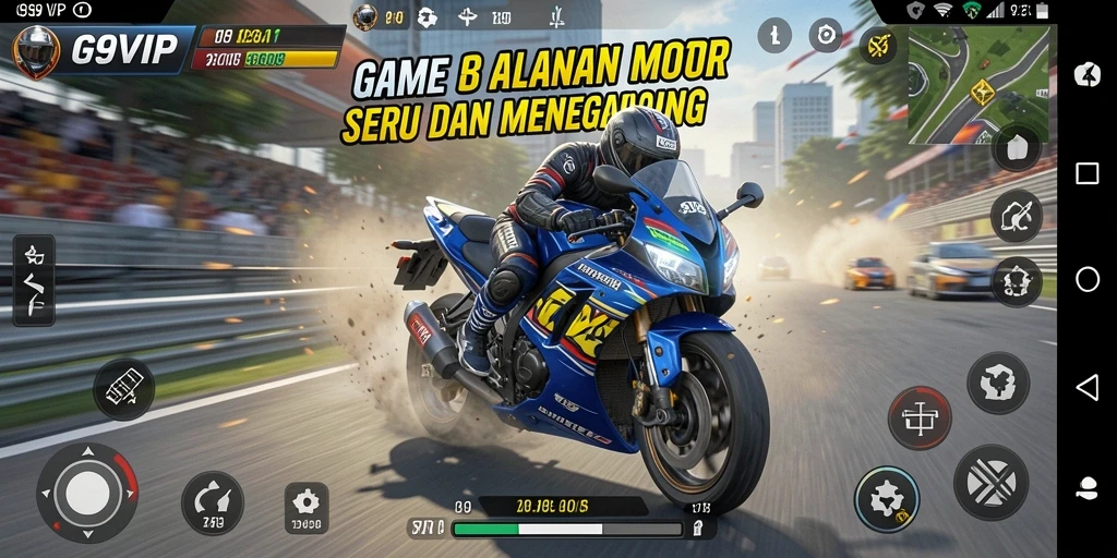 Screenshot G9VIP menampilkan aksi balapan motor yang mendebarkan.